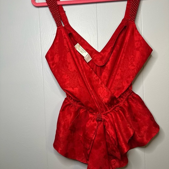 Vintage Victoria’s Secret Satin Romper Red Beaded Y2K Lingerie Bodysuit S - Picture 1 of 8